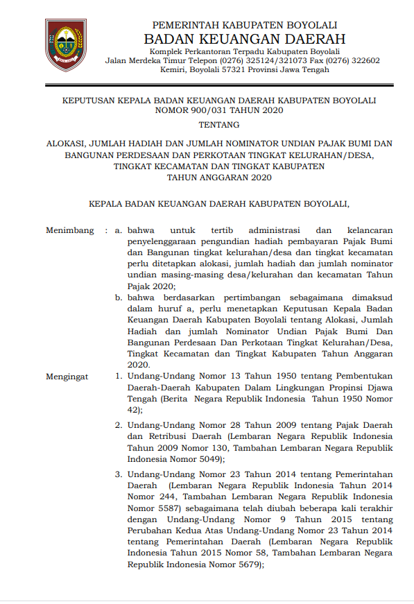 Surat Keputusan Nominator NOP PBB Kabupaten Boyolali 2020